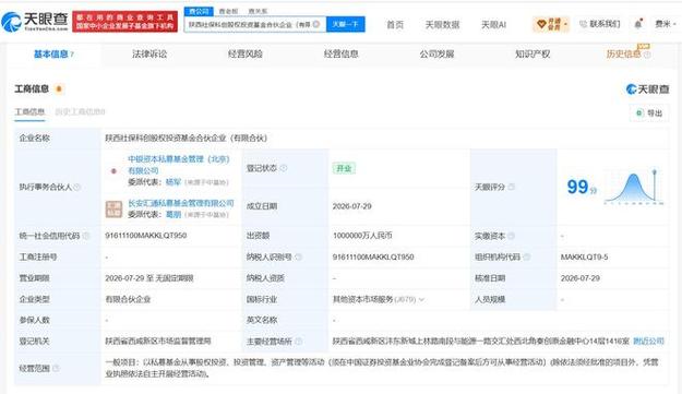 陕西社保科创股权投资基金正式登记成立 出资额达100亿元 聚焦受托管理股权投资基金